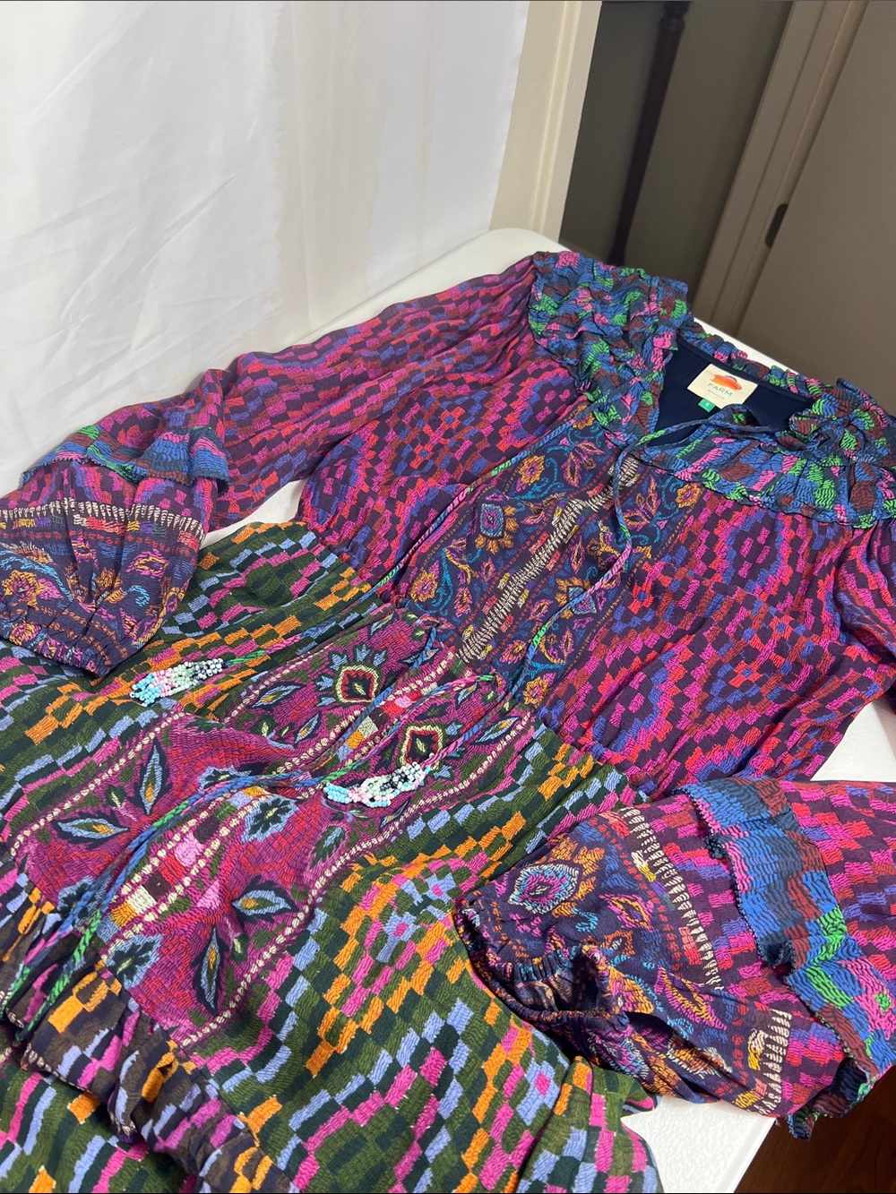 Farm Rio Sz Small Mixed Tapestry Maxi Dress Long Sleeve Blue Green Purple - Picture 5 of 13
